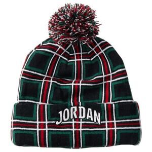 Nike Jordan Plaid Beanie Youth 8-20 Pom Pom Knit Winter Holiday Hat Black Green